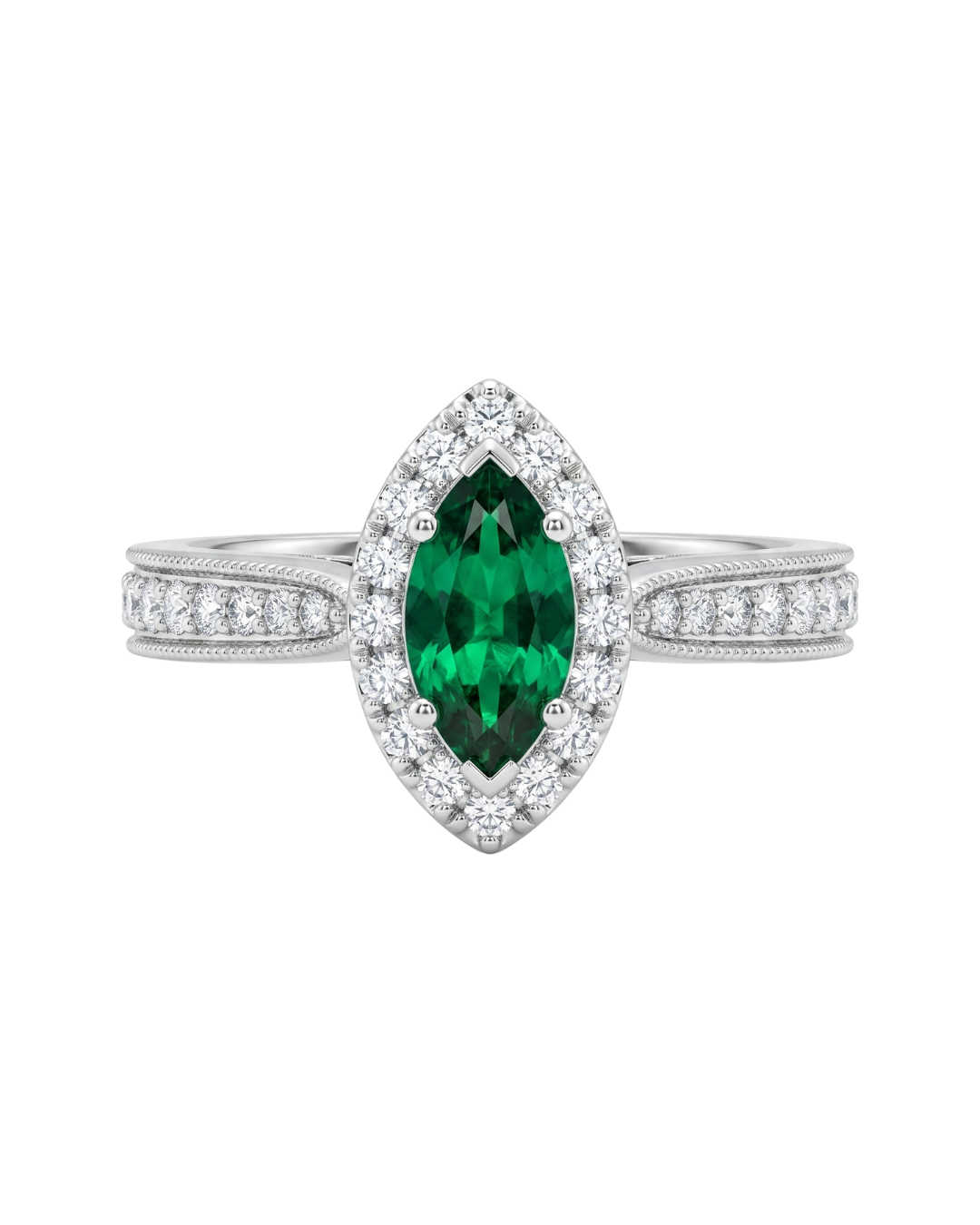 Marquise-Cut Emerald Halo Setting Fashion Ring (200-01234) - My Store