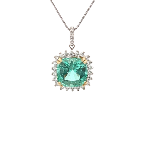 Two Tone Pendant with Cushion Cut Emerald and Diamond Halo - My Store