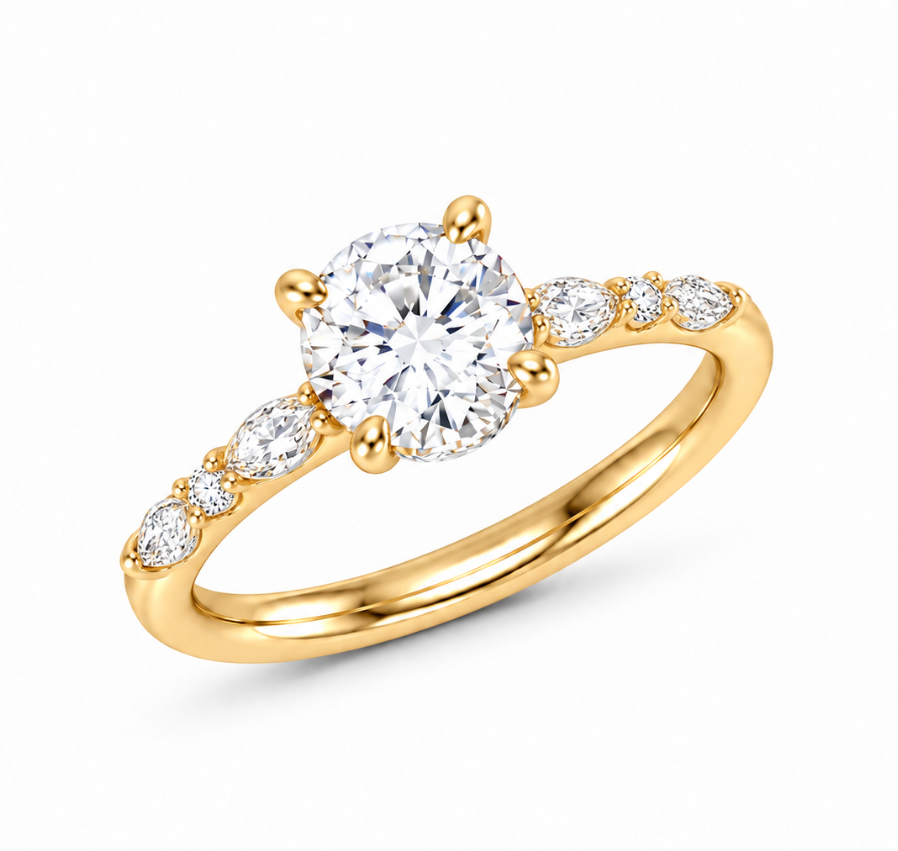 Round & Marquise Cut Diamond Engagement Ring Yellow Gold (100-33851)