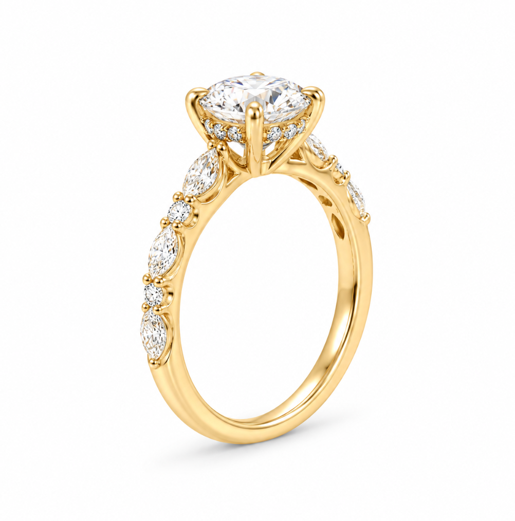Round & Marquise Cut Diamond Engagement Ring Yellow Gold (100-33851)