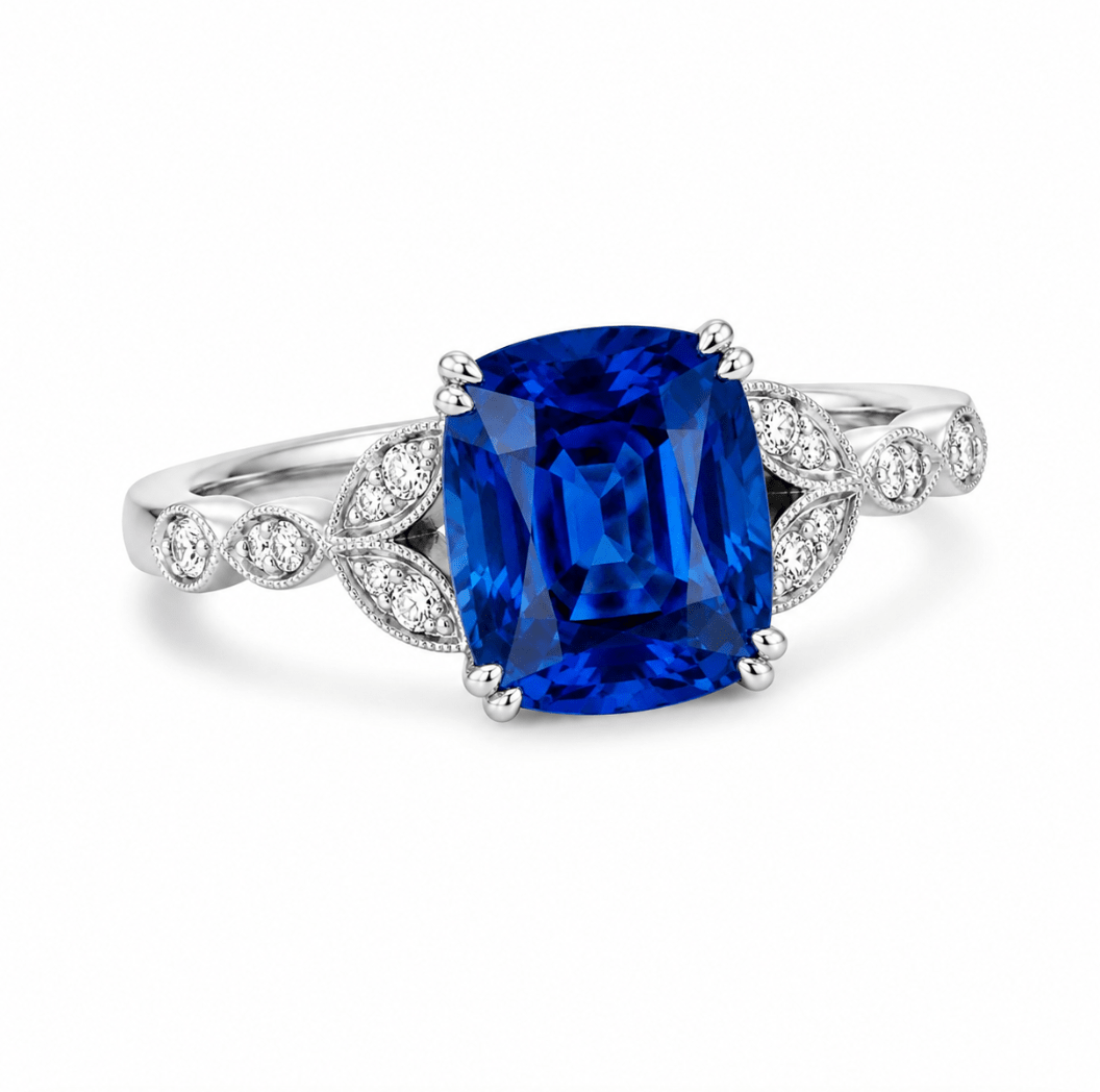 Cushion Blue Sapphire & Diamond Filigree Fashion Ring in White Gold (200-01289)