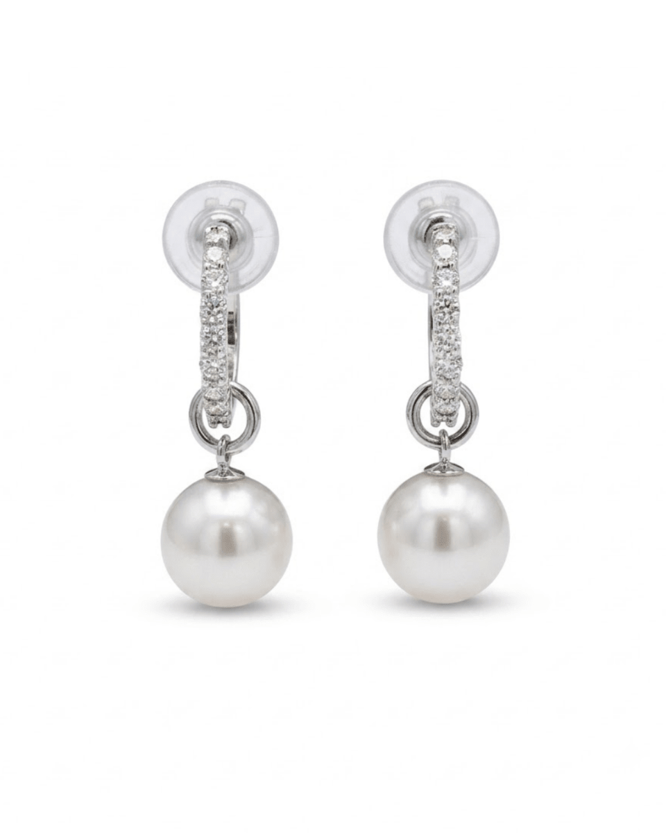 Diamond Hoops with a Cultured Pearl Drop in White Gold (310-33210)
