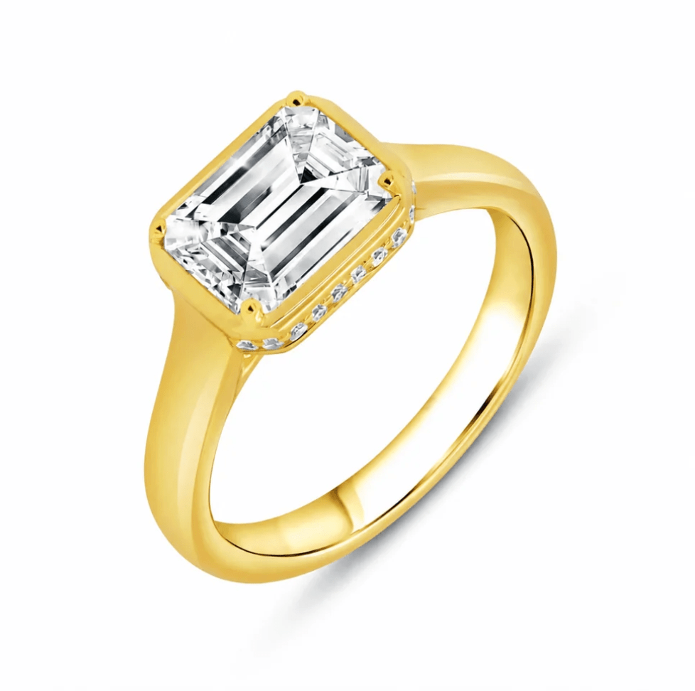 Emerald-Cut East-West Bezel Engagement Ring Setting with Hidden Halo in 14k Yellow Gold (100-00673)
