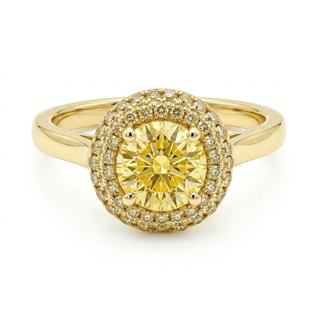 Fashion Ring With Center Diamonds and Round Yellow Diamonds
