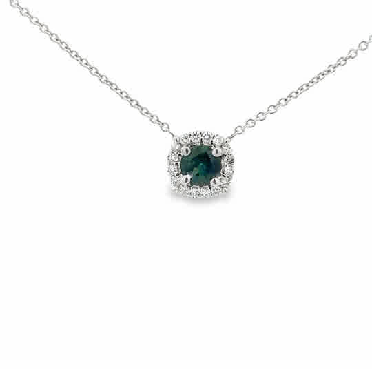 Halo Setting Blue-Green Sapphire Pendant in White Gold (200-01131)