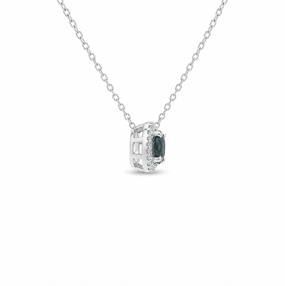 Halo Setting Blue-Green Sapphire Pendant in White Gold (200-01131)