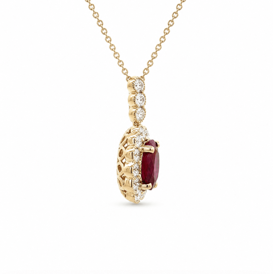 Halo Setting Ruby Pendant in Yellow Gold (230-01471)