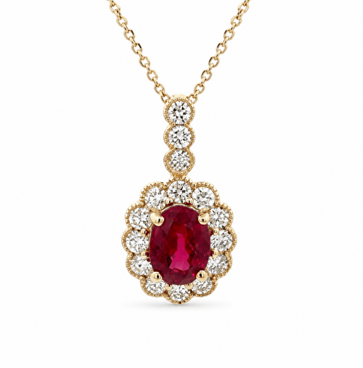 Halo Setting Ruby Pendant in Yellow Gold (230-01471)