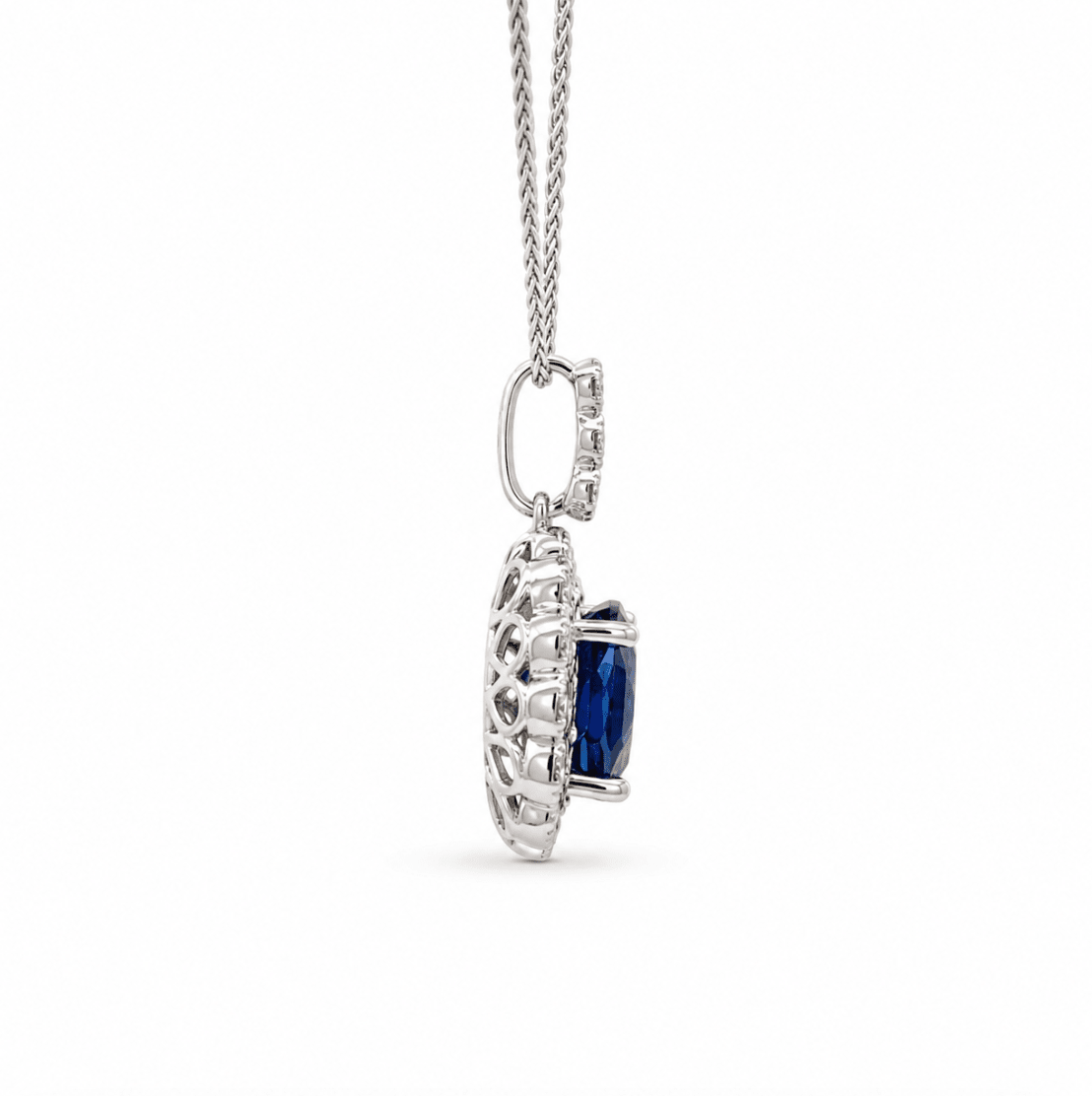 Halo Setting Sapphire Pendant in White Gold (230-01467)
