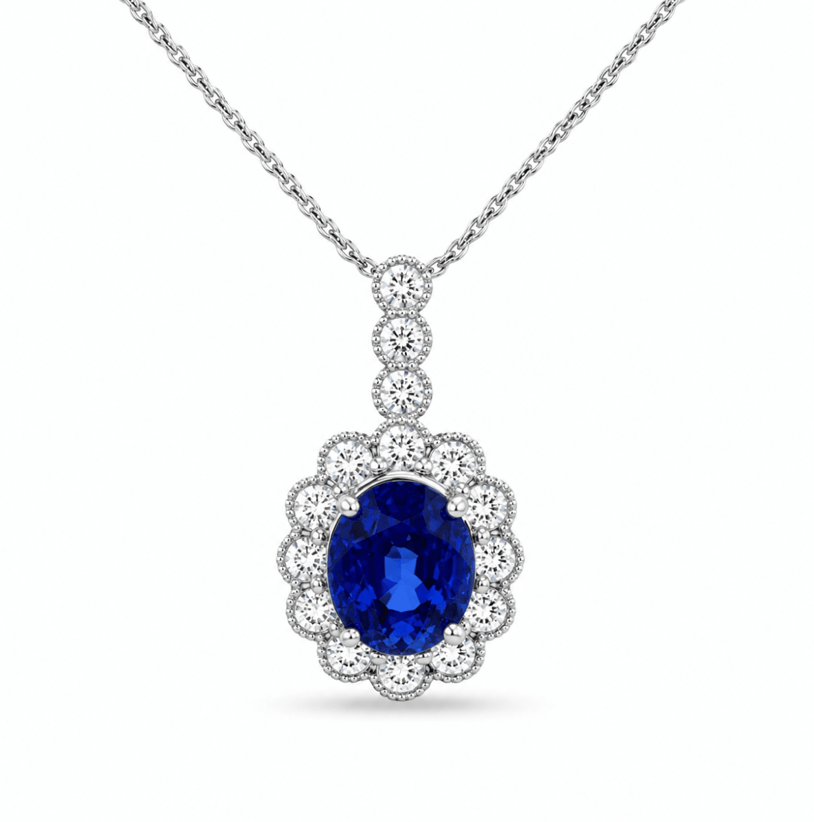 Halo Setting Sapphire Pendant in White Gold (230-01467)