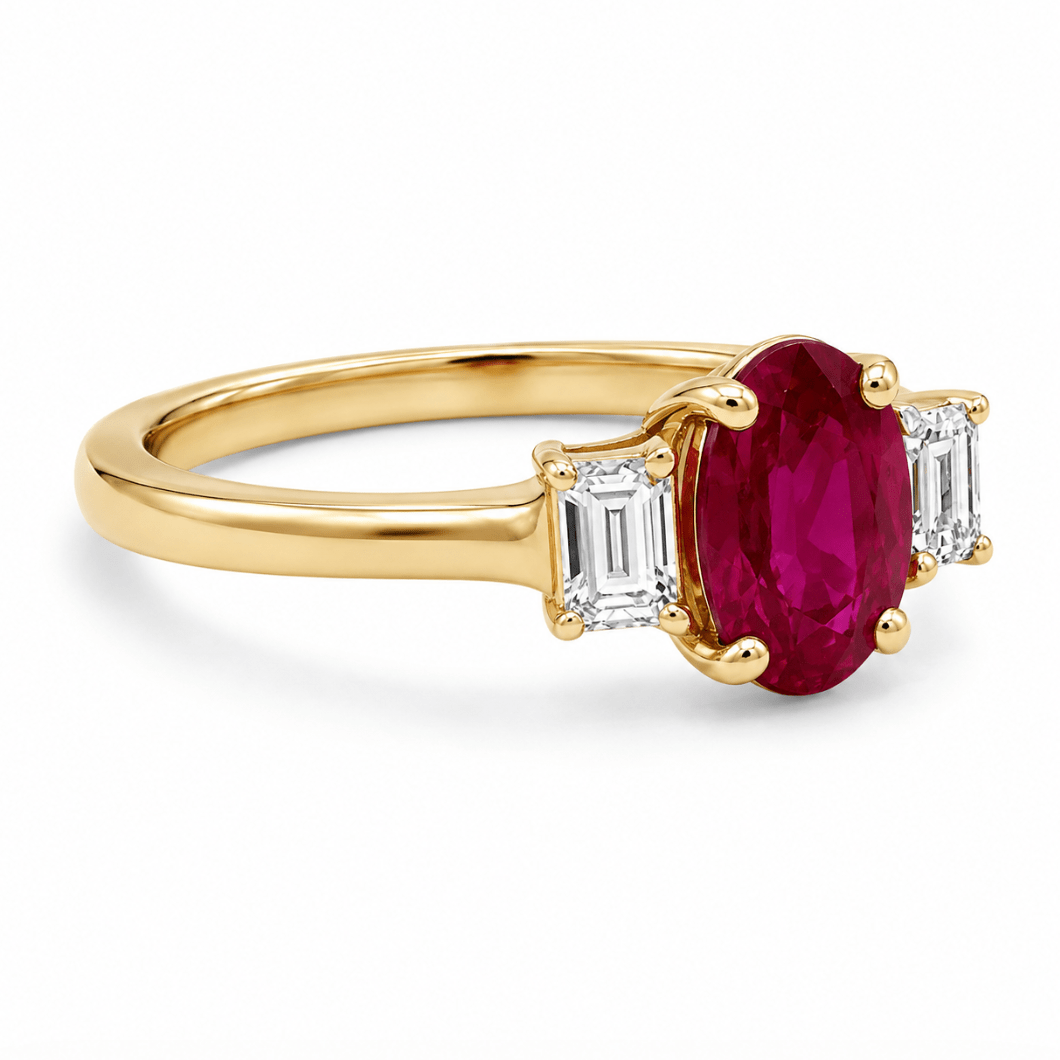 Oval Ruby & Baguette Diamond Fashion Ring in Yellow Gold (200-01335)