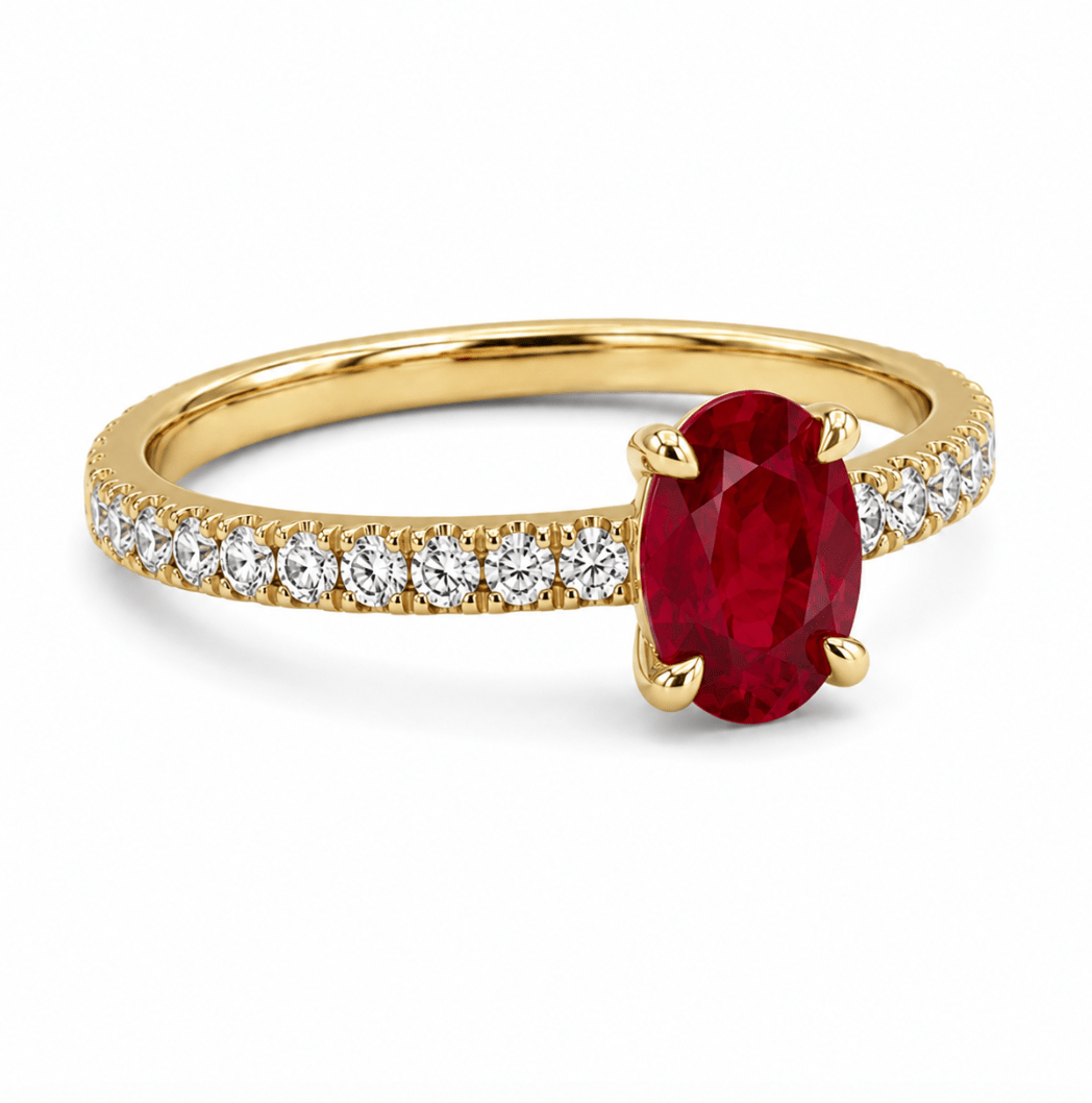 Round Diamond and Oval Ruby Halo Fashion Ring in Yellow Gold