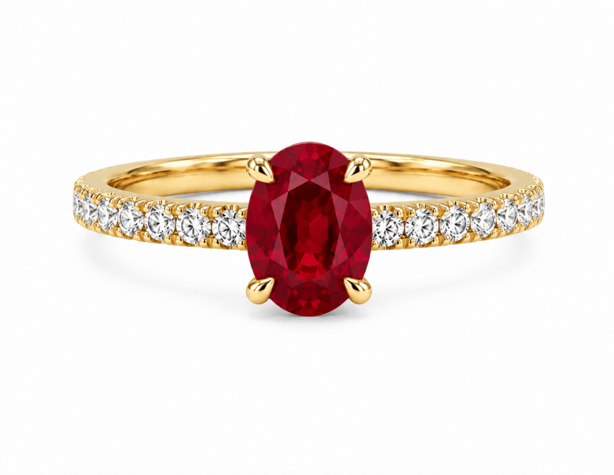 Round Diamond and Oval Ruby Halo Fashion Ring in Yellow Gold