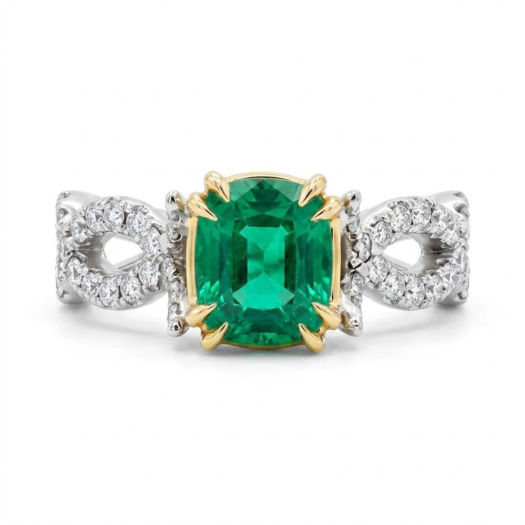 Two Tone Cushion Emerald & Diamond Fashion Ring (200 - 01354)