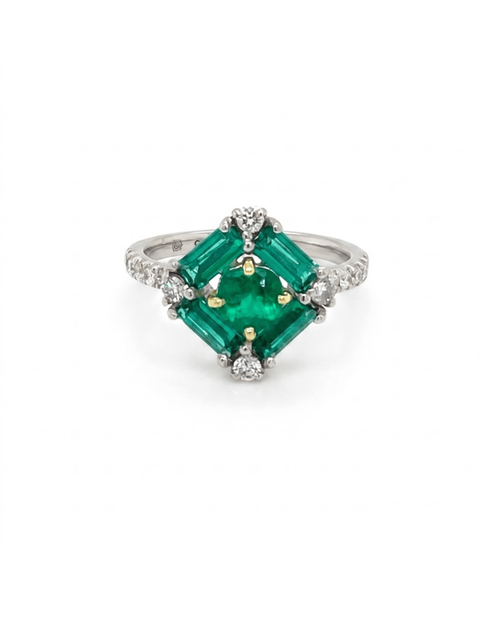 Two Tone Emerald & Diamond Cluster Fashion Ring (200 - 01154)