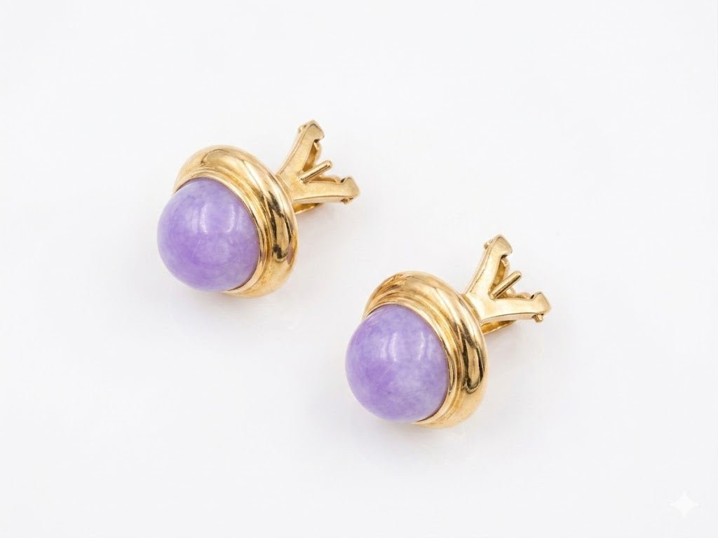 Vardy's Collection Cabochon Lavendar Jade Button Earrings in 14K Yellow Gold