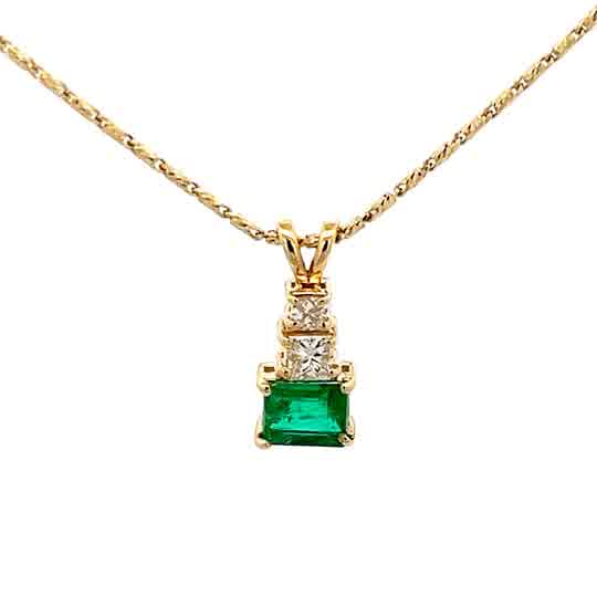 Vardy's Collection Emerald and Princess Cut Diamond Drop Pendant Necklace in 14K Yellow Gold (0.75ct)