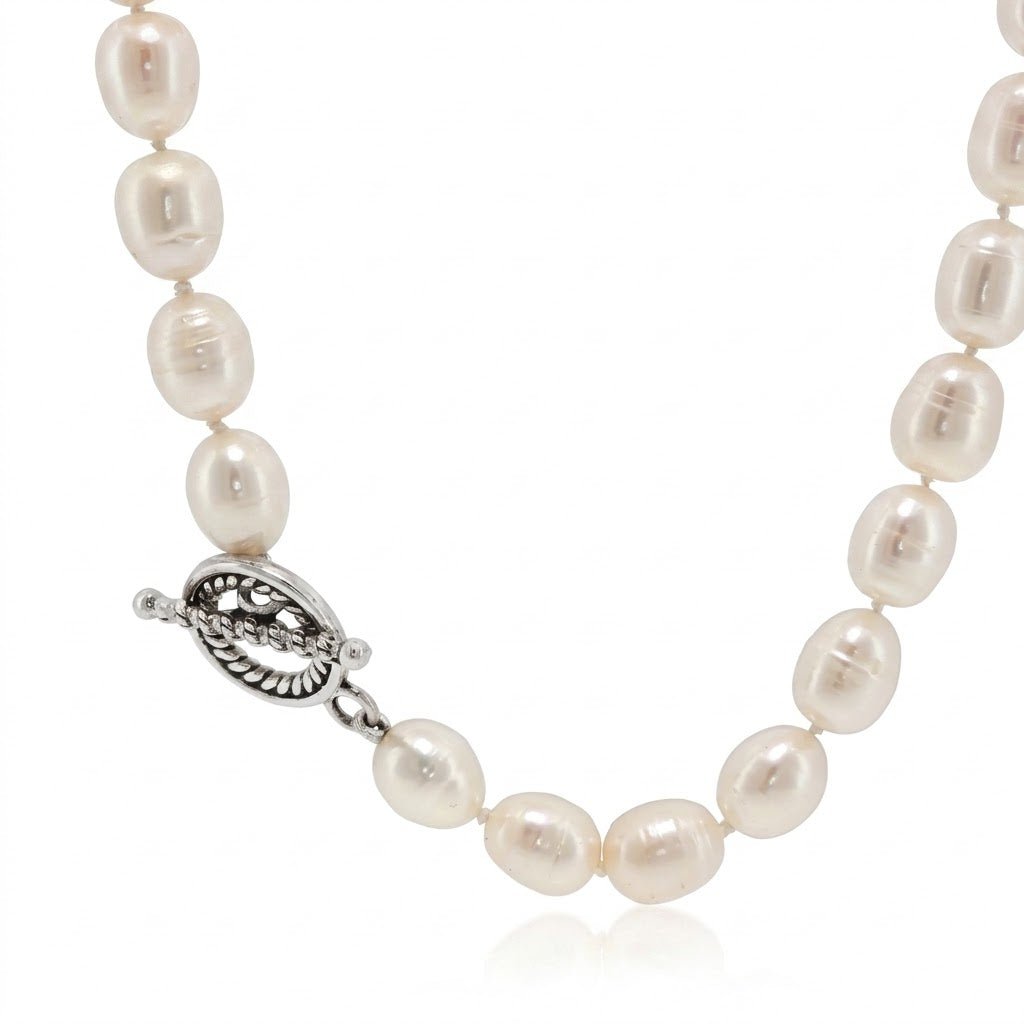 Vardy's Collection Fresh Water White Pearl Single Strand Necklace in Sterling Silver