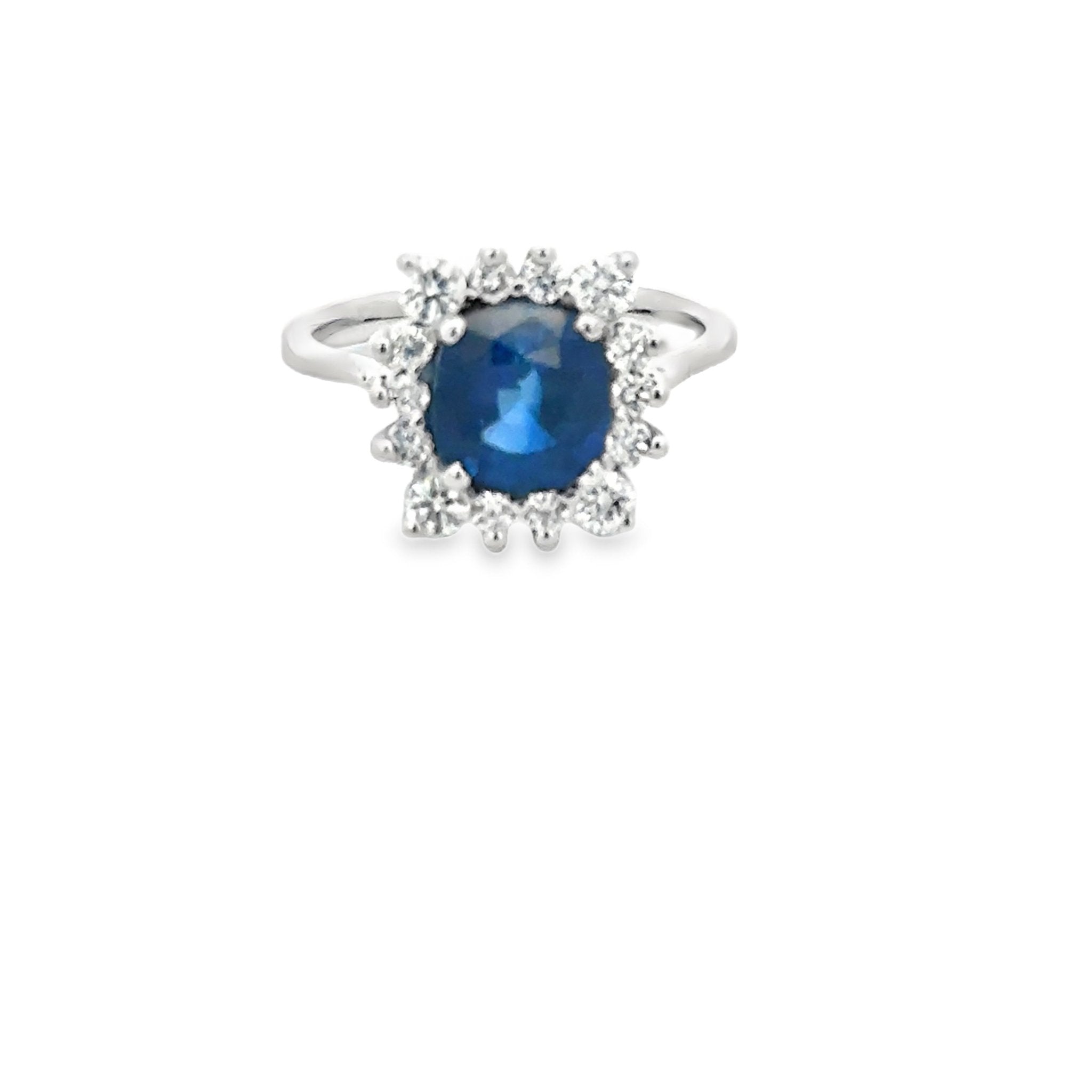 Vardy's Collection Halo Setting Fashion Ring with Cushion Blue Sapphire and Round Diamonds in 18K White Gold (3.61ct)