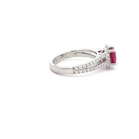 Vardy's Collection Halo Setting Fashion Ring with Round G/H Vs2 Diamonds and Oval Red Ruby in 18K White Gold (1.86ct)