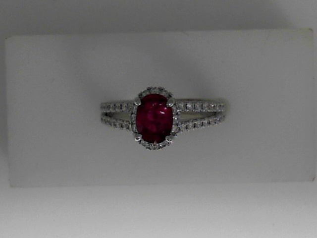 Vardy's Collection Halo Setting Fashion Ring with Round G/H Vs2 Diamonds and Oval Red Ruby in 18K White Gold (1.86ct)