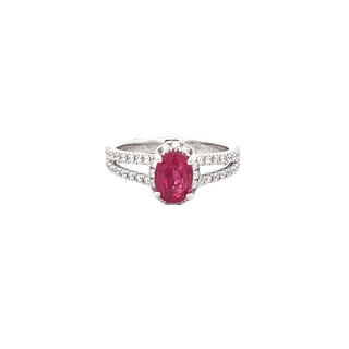 Vardy's Collection Halo Setting Fashion Ring with Round G/H Vs2 Diamonds and Oval Red Ruby in 18K White Gold (1.86ct)