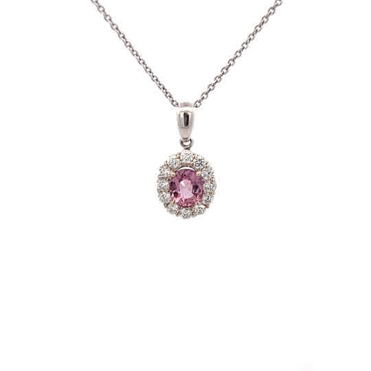 Vardy's Collection Halo Setting Pendant with Round Diamonds and Oval Shape Spinel in 18K White Gold (1.40tcw)