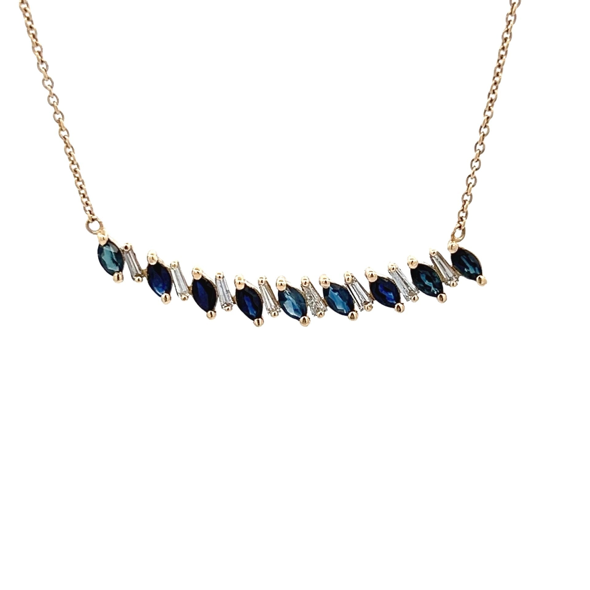 Vardy's Collection Marquise Sapphire and Baguette Diamond Free Form Pendant Necklace in 14K Yellow Gold (1.47ct)