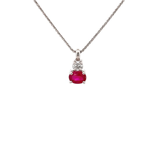 Vardy's Collection Oval Red Ruby and Round Diamond Wheat Pendant Necklace in 14K White Gold (1.19ct)