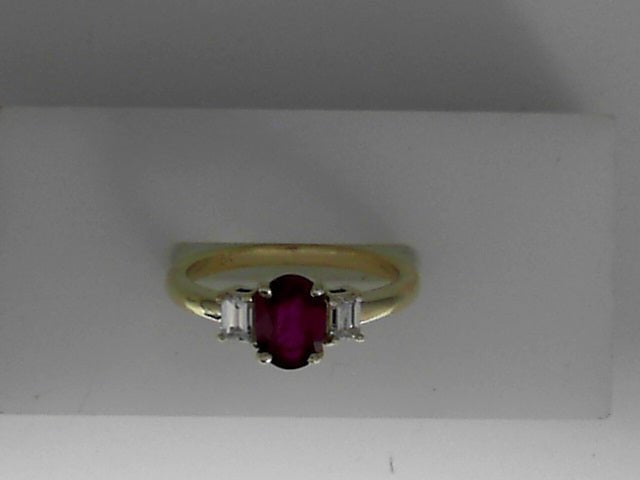 Vardy's Collection Oval Ruby and Baguette Diamond 3 Stone Fashion Ring in 14K Yellow Gold (1.28ctw)