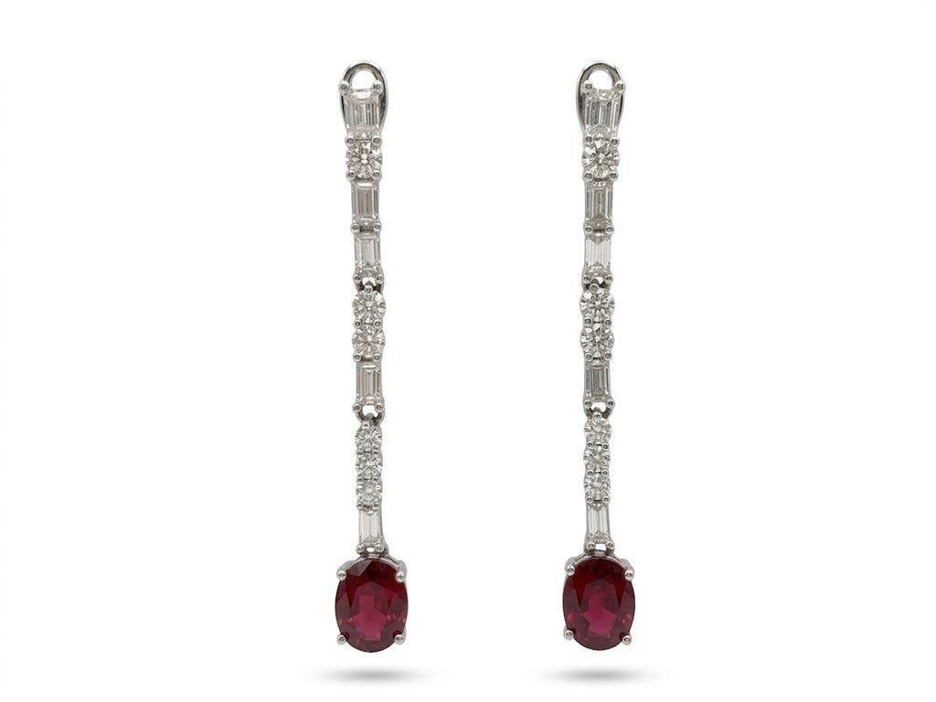 Vardy's Collection Oval Ruby and Baguette Diamond Drop Earrings in 18K White Gold (3.5ctw)