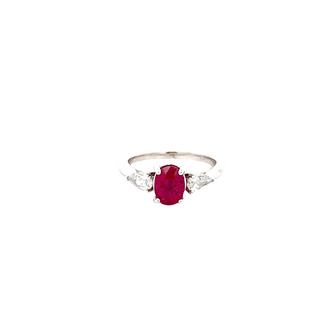 Vardy's Collection Oval Ruby and Pear Shape Diamond 3 Stone Fashion Ring in 14K White Gold (1.68ct)