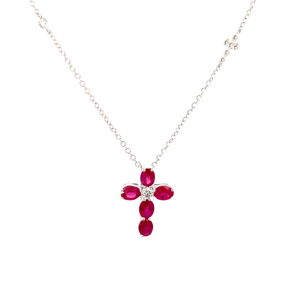 Vardy's Collection Oval Ruby and Round Diamond Cross Pendant Necklace in 14K White Gold (1.70ctw)