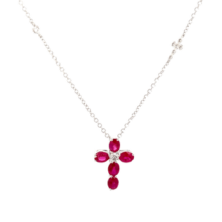 Vardy's Collection Oval Ruby and Round Diamond Cross Pendant Necklace in 14K White Gold (1.70ctw)