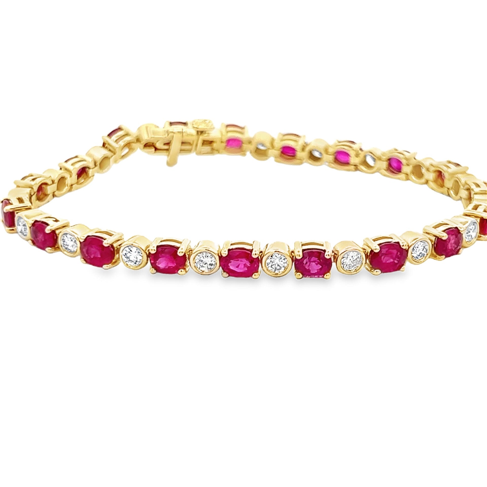 Vardy's Collection Oval Ruby and Round Diamond Tennis Bracelet in 14K Yellow Gold (10.56ctw)