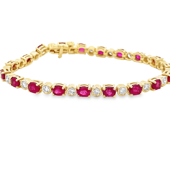 Vardy's Collection Oval Ruby and Round Diamond Tennis Bracelet in 14K Yellow Gold (10.56ctw)