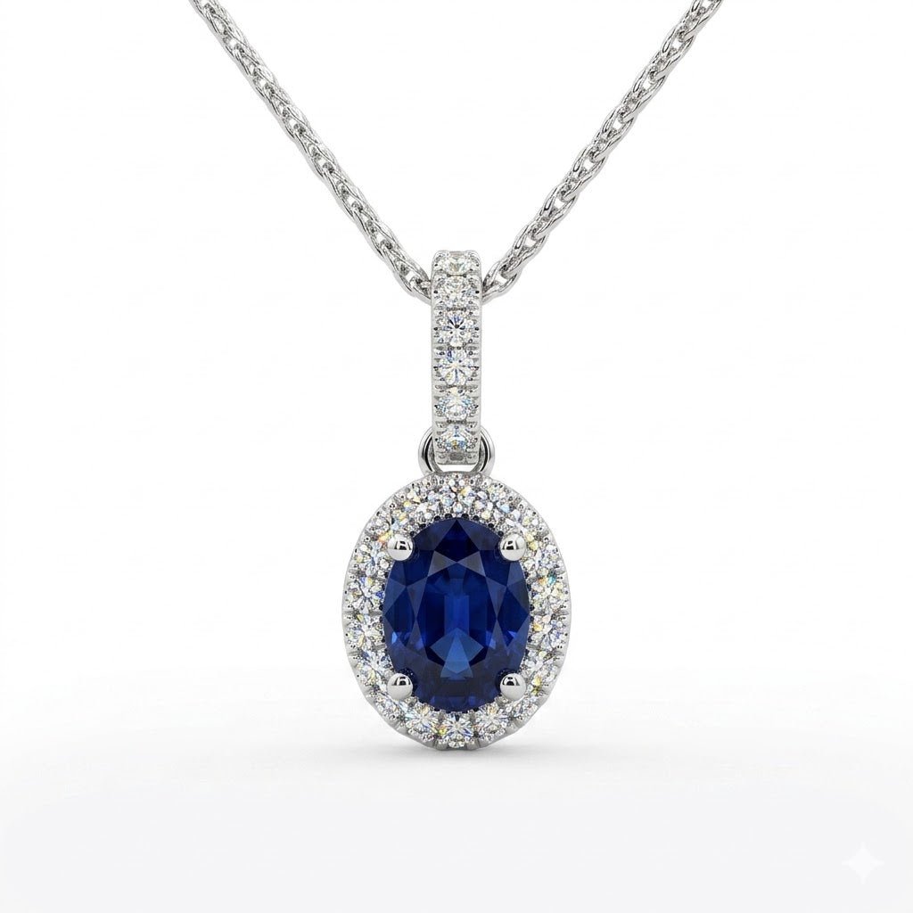 Vardy's Collection Oval Sapphire and Diamond Halo Pendant Necklace in 14K White Gold (1.31ctw)