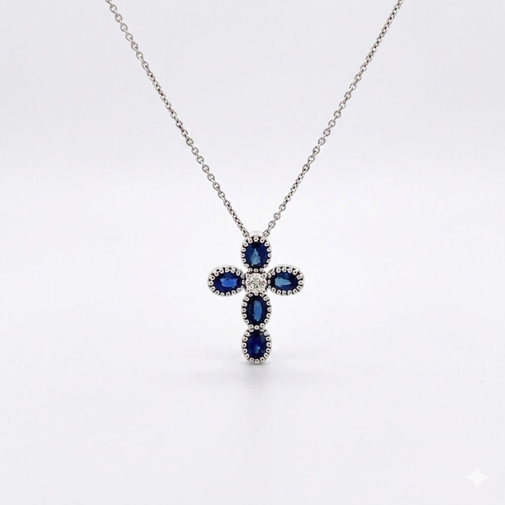 Vardy's Collection Oval Sapphire and Round Diamond Cable Link Pendant Necklace in 14K White Gold (1.16ct)
