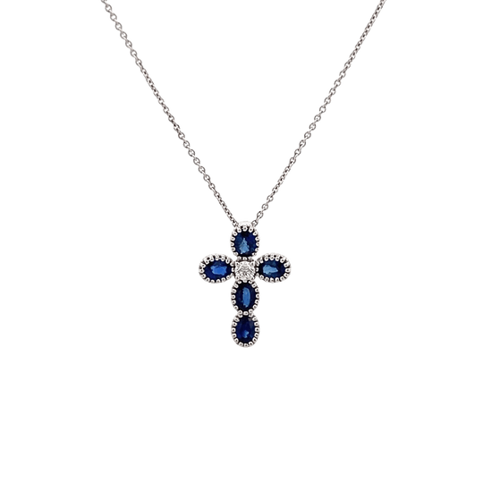 Vardy's Collection Oval Sapphire and Round Diamond Cable Link Pendant Necklace in 14K White Gold (1.16ct)