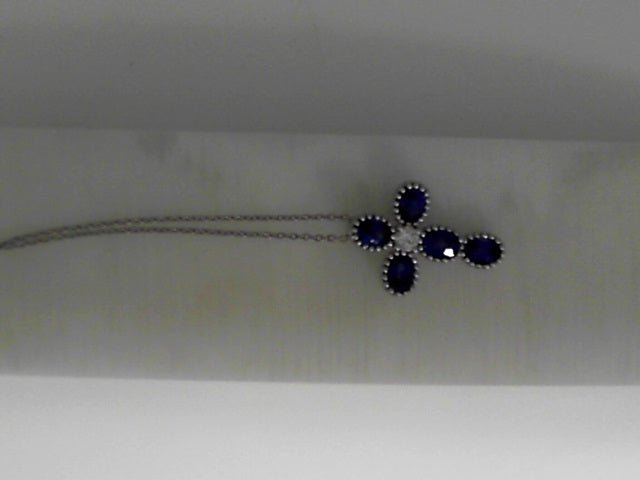 Vardy's Collection Oval Sapphire and Round Diamond Cable Link Pendant Necklace in 14K White Gold (1.16ct)