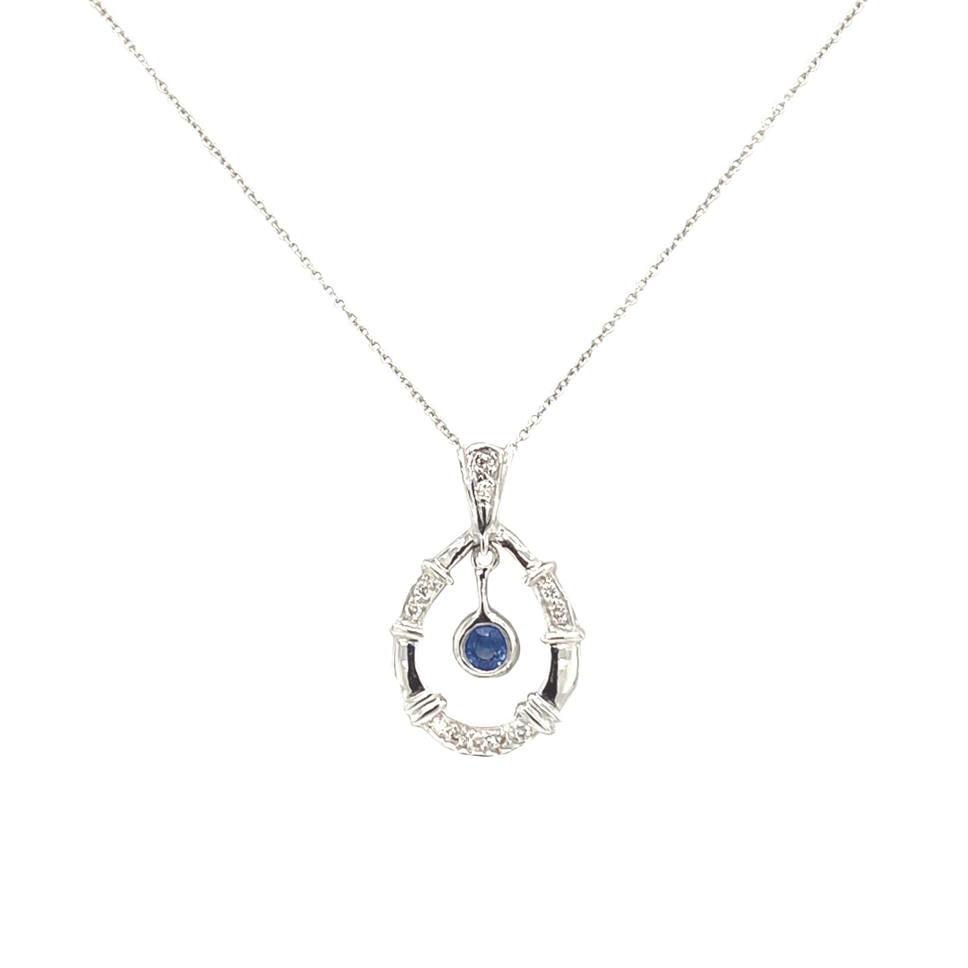 Vardy's Collection Oval Sapphire and Round Diamond Free Form Pendant in 18K White Gold (0.25ct)