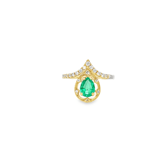 Vardy's Collection Pear Emerald and Round Diamond Antique Fashion Ring in 14K Yellow Gold (1.31ct)