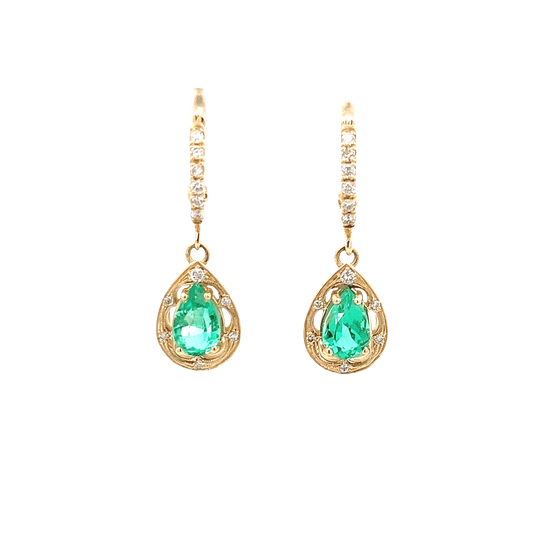 Vardy's Collection Pear Emerald Drop Halo Earrings in 14K Yellow Gold (2.03ctw)