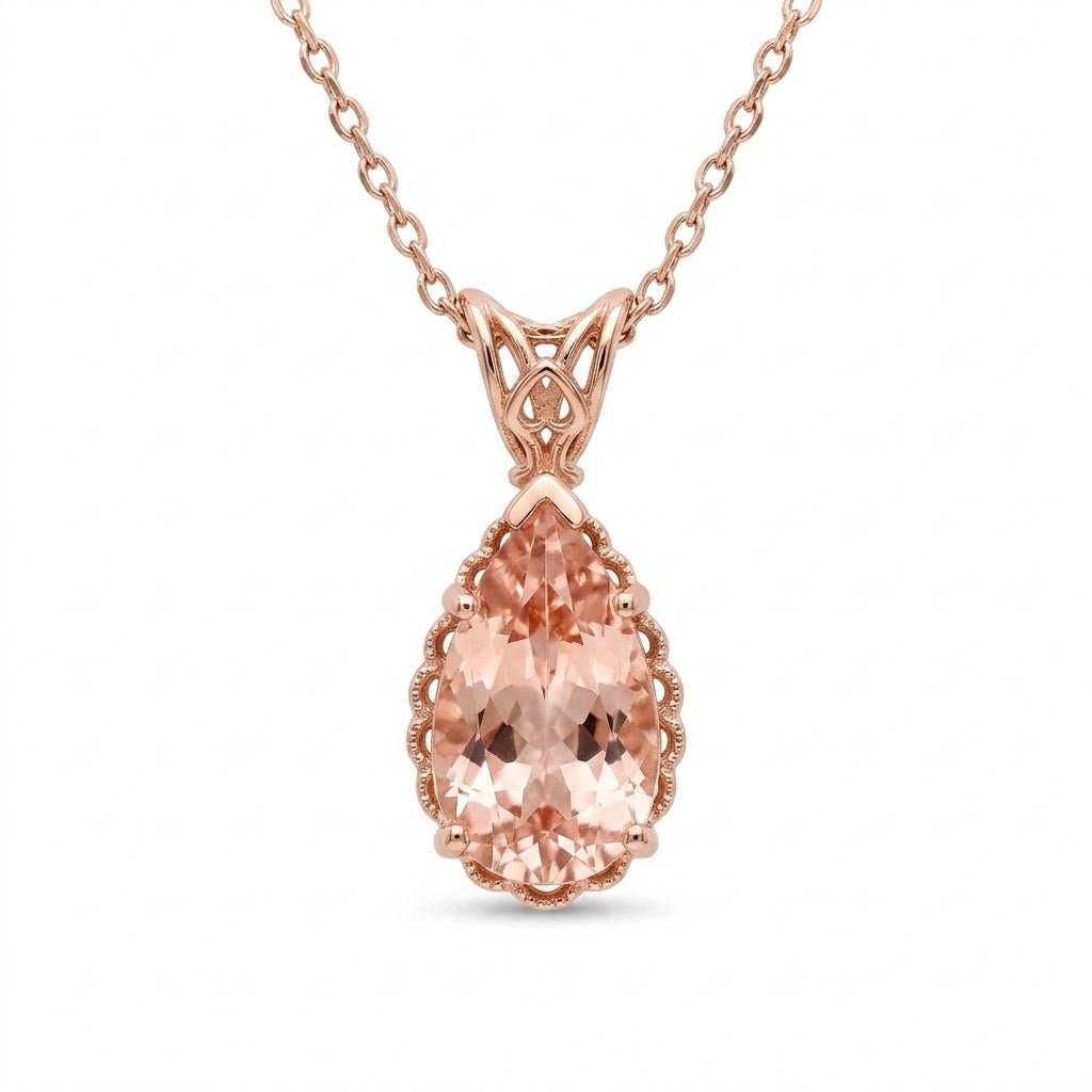 Vardy's Collection Pear Morganite Rabbit Ear Pendant Necklace in 14K Rosé Gold (3.20ct)