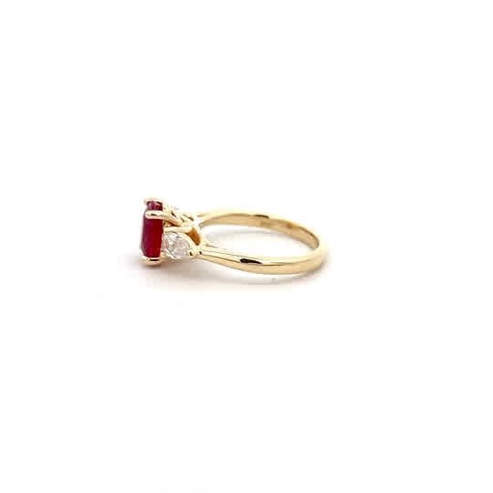 Vardy's Collection Pear Shape Diamond and Oval Red Ruby 3 Stone Fashion Ring in 14K Yellow Gold (2.48ct)