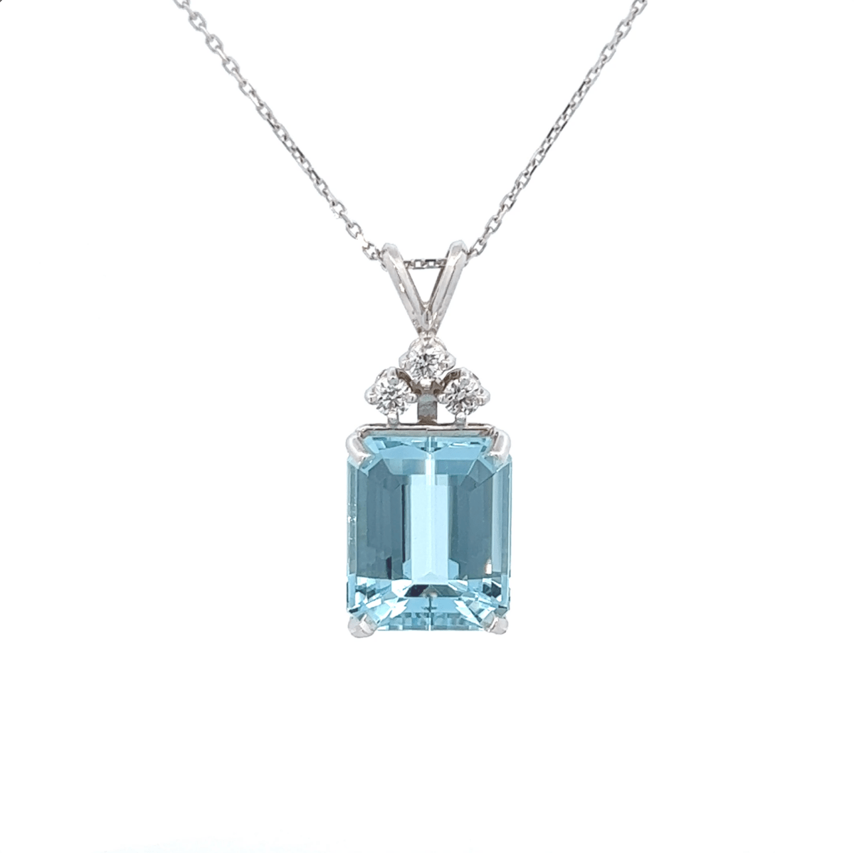 Vardy's Collection Rabbit Ear Pendant Necklace with 10.60ct Emerald Aqua and 0.26ct Round G/H VS2 Diamonds in 14K White Gold (10.86ct)