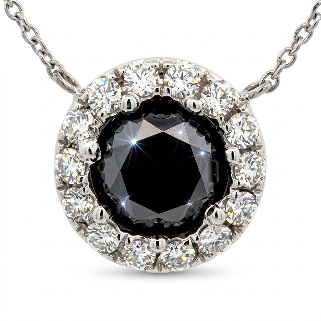 Vardy's Collection Round Black and White Diamond Halo Pendant Necklace in 18K White Gold (3.27tcw)