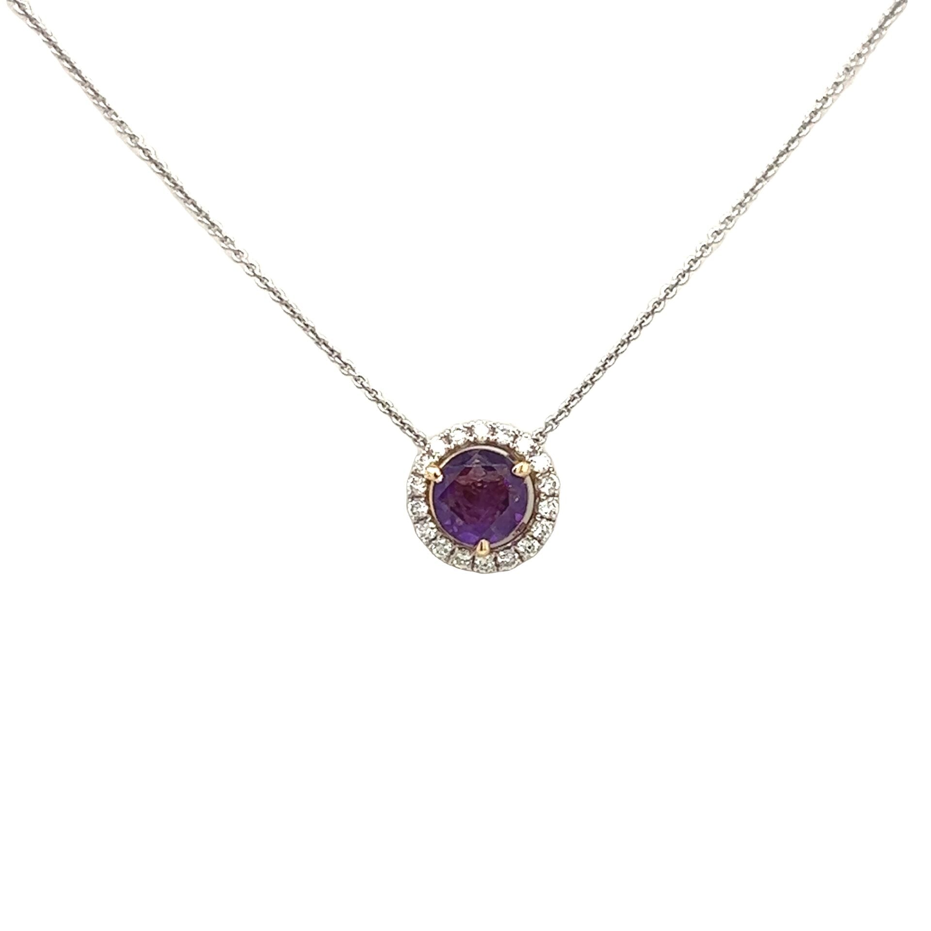 Vardy's Collection Round Diamond and Amethyst Halo Necklace in 18K White Gold (0.17ctw)