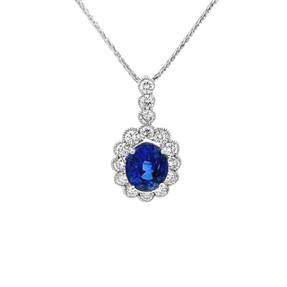 Vardy's Collection Round Diamond and Oval Blue Sapphire Halo Pendant Necklace in 14K White Gold (4ct)