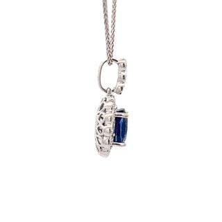 Vardy's Collection Round Diamond and Oval Blue Sapphire Halo Pendant Necklace in 14K White Gold (4ct)